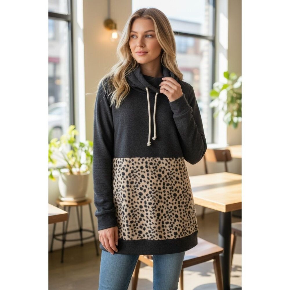 AMPERSAND AVE Black Cowl Neck Tunic with Leopard Panel